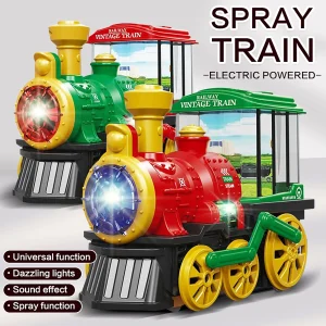Electric Steam Train Toy with Spray, Lights & Sounds – Vintage Locomotive for Kids, Battery Operated Bump-and-Go Toy Gift